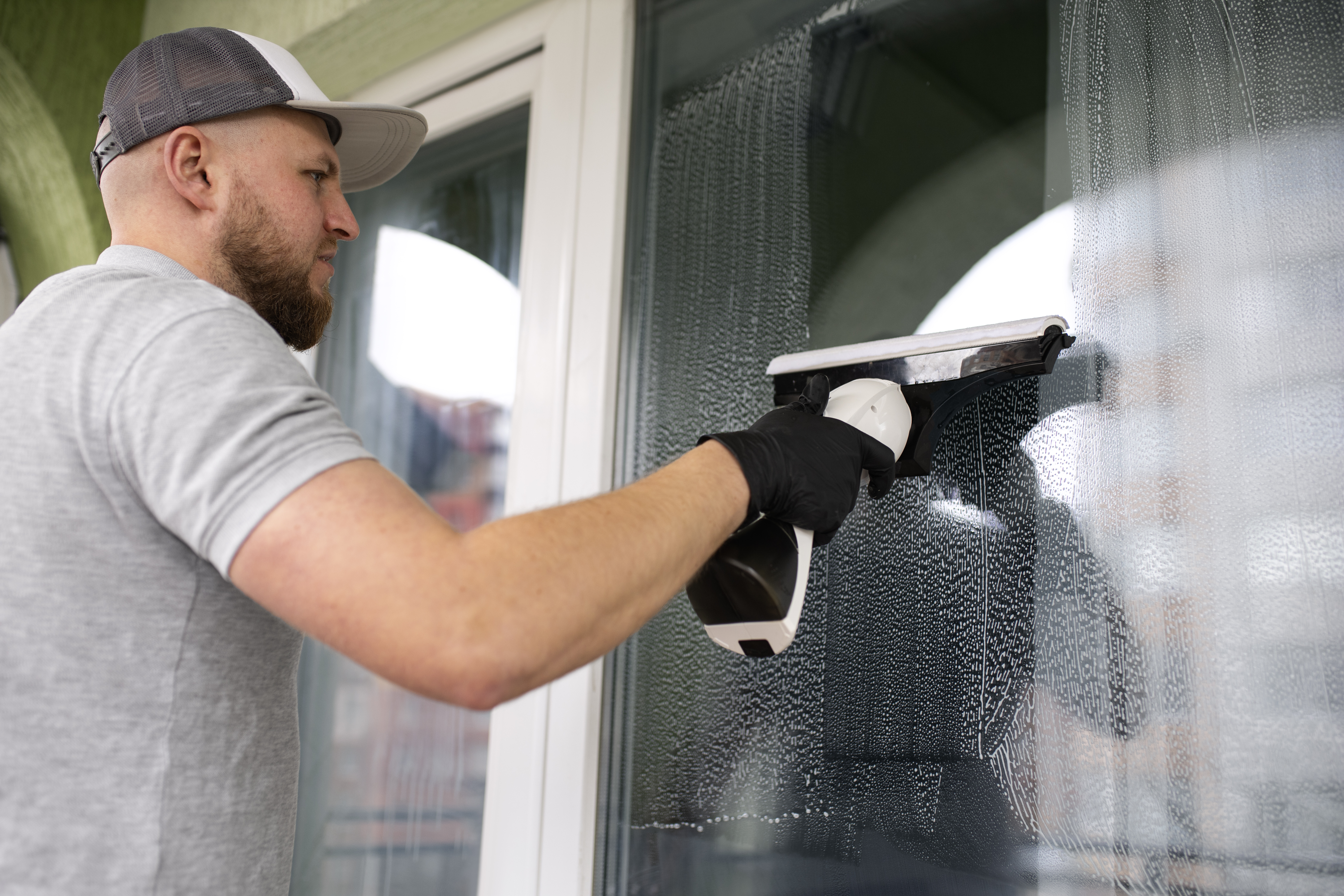 Fensterreiniger mit Abzieher an Glasfront
